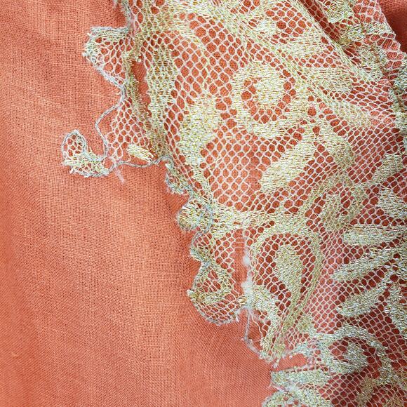 Chico's 100%Linen V-Neck Gold Lace Front Detail 3/4 Sleeve Top Size 1 - Picture 7 of 15